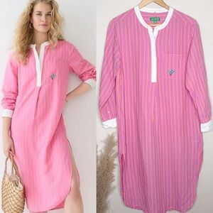 J. Crew | Linen Cotton Blend Popover Pink:White Striped Swim Coverup